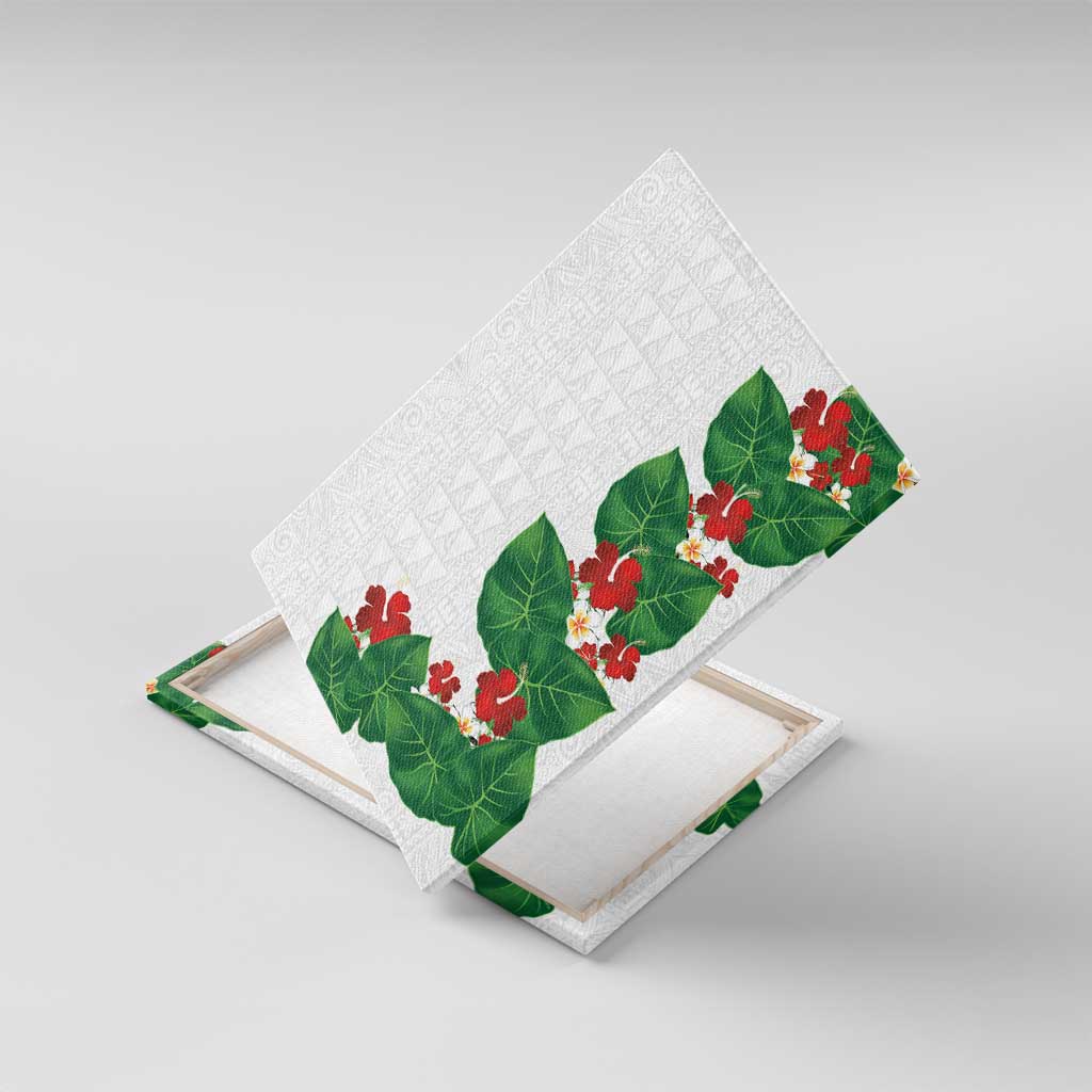 Hawaiian Taro Leaves-Hibiscus and Plumeria Canvas Wall Art Polynesian Art-Kakau Tattoo White LT03 With Frame White - Polynesian Pride