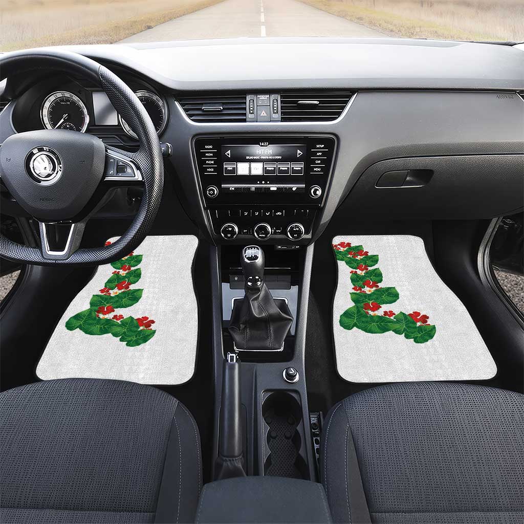 Hawaiian Taro Leaves-Hibiscus and Plumeria Car Mats Polynesian Art-Kakau Tattoo White LT03 Set 2pcs - Front White - Polynesian Pride