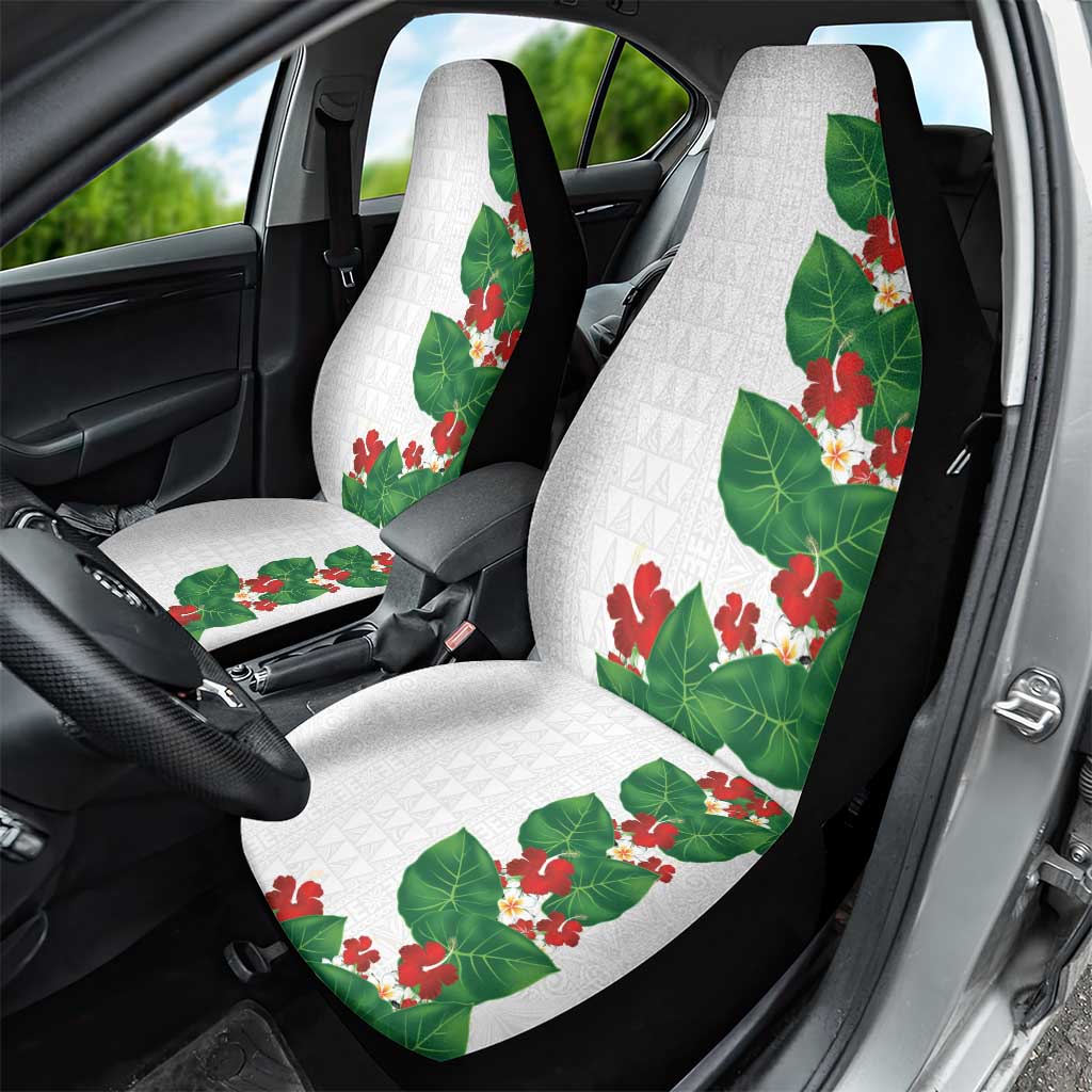 Hawaiian Taro Leaves-Hibiscus and Plumeria Car Seat Cover Polynesian Art-Kakau Tattoo White