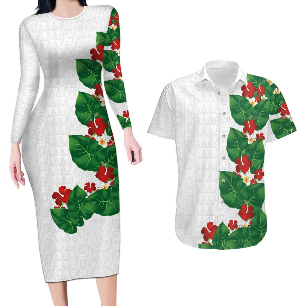 Hawaiian Taro Leaves-Hibiscus and Plumeria Couples Matching Long Sleeve Bodycon Dress and Hawaiian Shirt Polynesian Art-Kakau Tattoo White LT03 White - Polynesian Pride