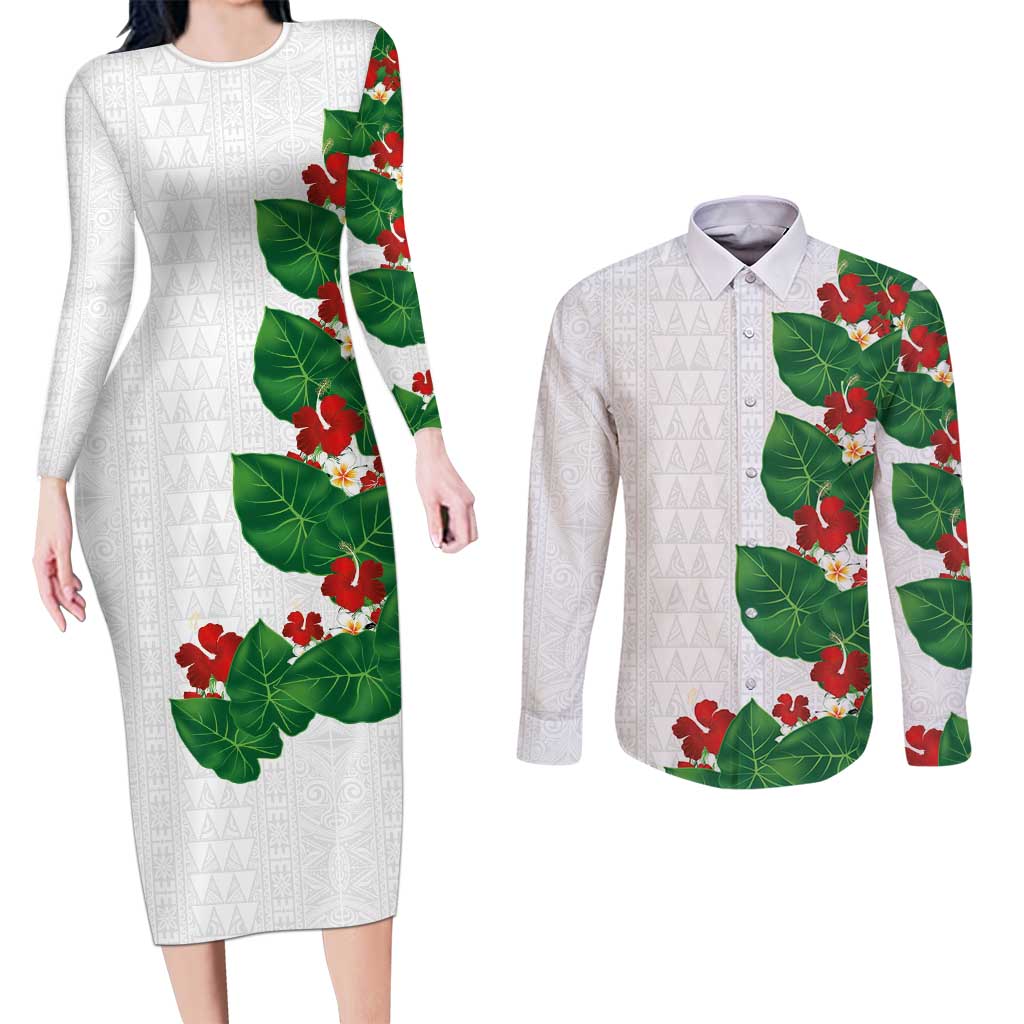 Hawaiian Taro Leaves-Hibiscus and Plumeria Couples Matching Long Sleeve Bodycon Dress and Long Sleeve Button Shirt Polynesian Art-Kakau Tattoo White