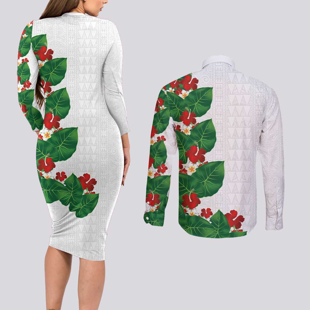 Hawaiian Taro Leaves-Hibiscus and Plumeria Couples Matching Long Sleeve Bodycon Dress and Long Sleeve Button Shirt Polynesian Art-Kakau Tattoo White LT03 - Polynesian Pride