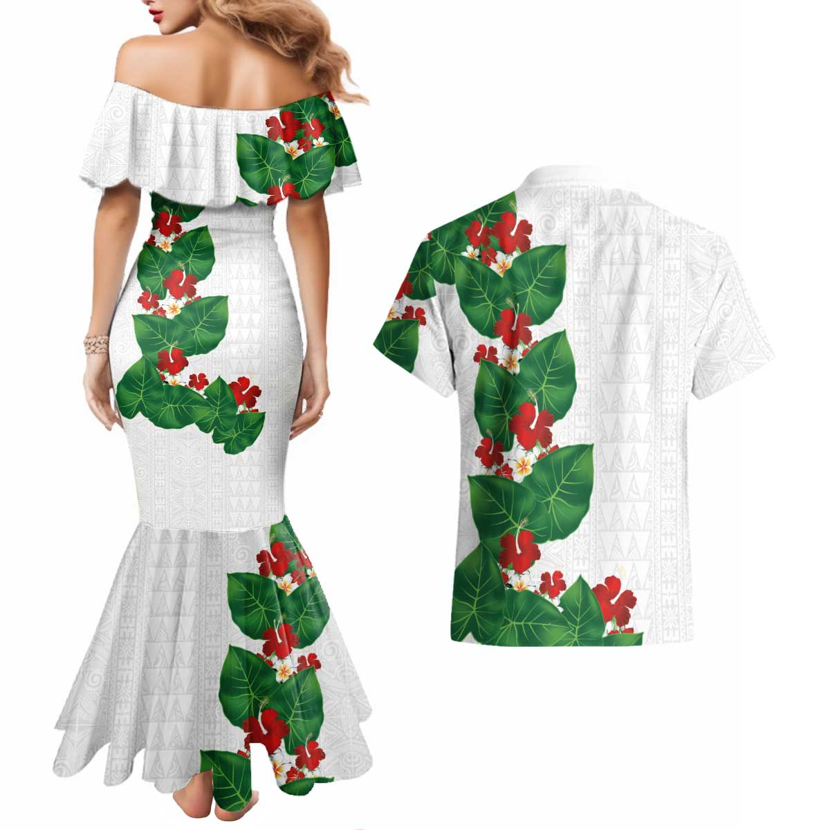 Hawaiian Taro Leaves-Hibiscus and Plumeria Couples Matching Mermaid Dress and Hawaiian Shirt Polynesian Art-Kakau Tattoo White LT03 - Polynesian Pride