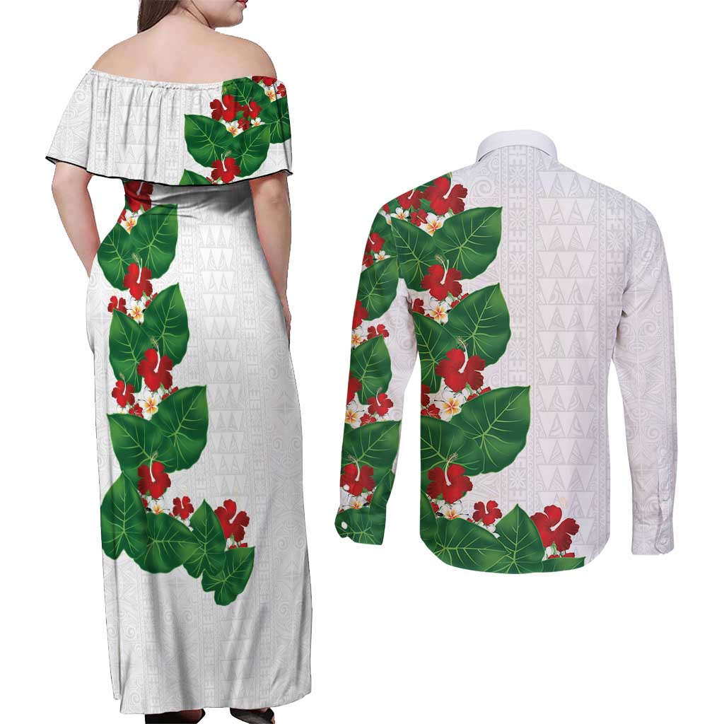Hawaiian Taro Leaves-Hibiscus and Plumeria Couples Matching Off Shoulder Maxi Dress and Long Sleeve Button Shirt Polynesian Art-Kakau Tattoo White