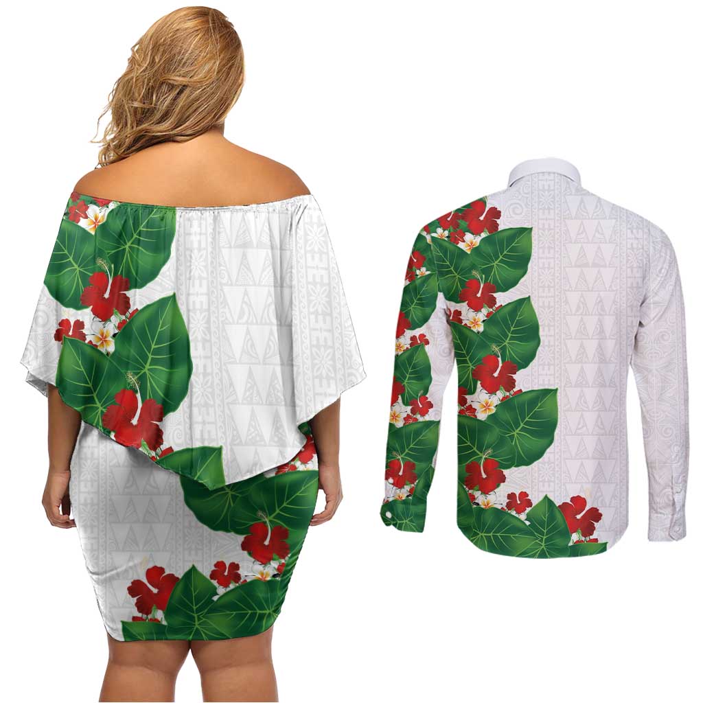 Hawaiian Taro Leaves-Hibiscus and Plumeria Couples Matching Off Shoulder Short Dress and Long Sleeve Button Shirt Polynesian Art-Kakau Tattoo White LT03 - Polynesian Pride