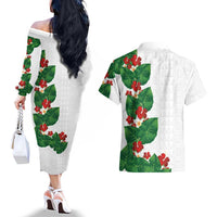 Hawaiian Taro Leaves-Hibiscus and Plumeria Couples Matching Off The Shoulder Long Sleeve Dress and Hawaiian Shirt Polynesian Art-Kakau Tattoo White LT03 - Polynesian Pride
