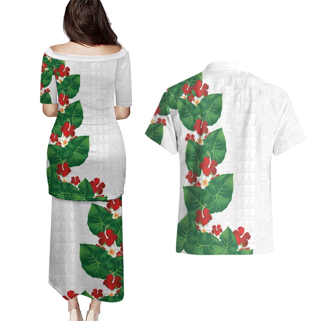 Hawaiian Taro Leaves-Hibiscus and Plumeria Couples Matching Puletasi and Hawaiian Shirt Polynesian Art-Kakau Tattoo White LT03 - Polynesian Pride