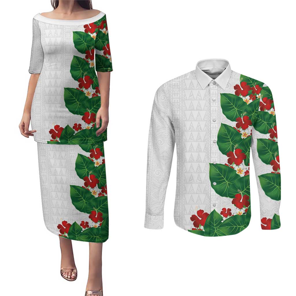 Hawaiian Taro Leaves-Hibiscus and Plumeria Couples Matching Puletasi and Long Sleeve Button Shirt Polynesian Art-Kakau Tattoo White
