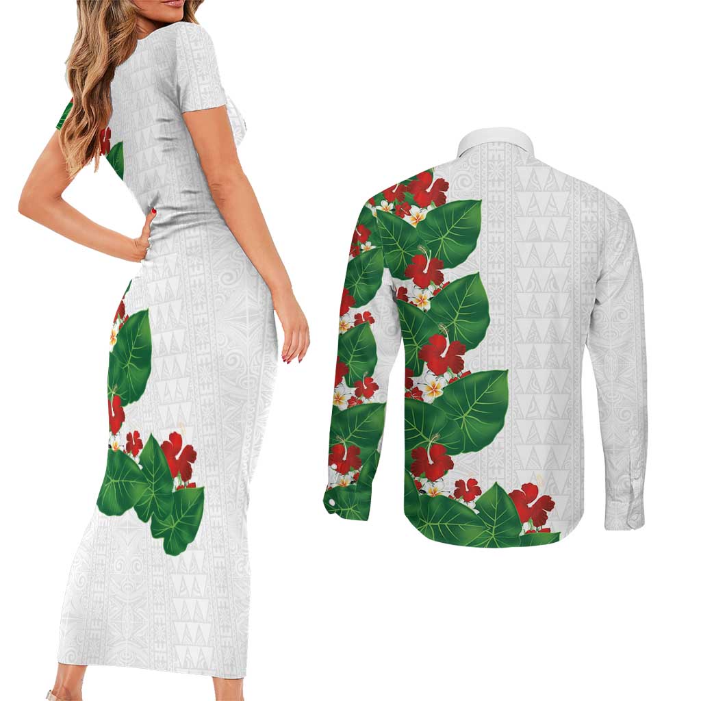 Hawaiian Taro Leaves-Hibiscus and Plumeria Couples Matching Short Sleeve Bodycon Dress and Long Sleeve Button Shirt Polynesian Art-Kakau Tattoo White LT03 - Polynesian Pride