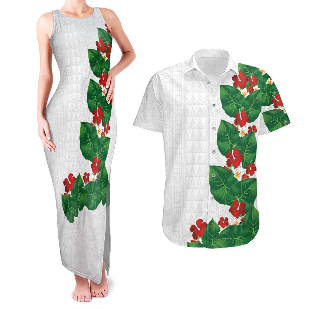 Hawaiian Taro Leaves-Hibiscus and Plumeria Couples Matching Tank Maxi Dress and Hawaiian Shirt Polynesian Art-Kakau Tattoo White