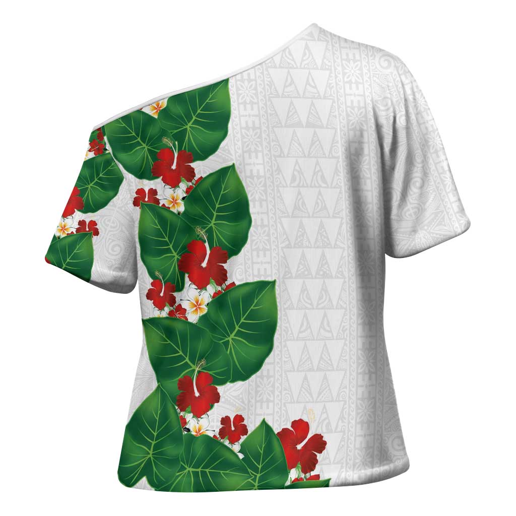 Hawaiian Taro Leaves-Hibiscus and Plumeria Cross Shoulder Shirt Polynesian Art-Kakau Tattoo White LT03 - Polynesian Pride
