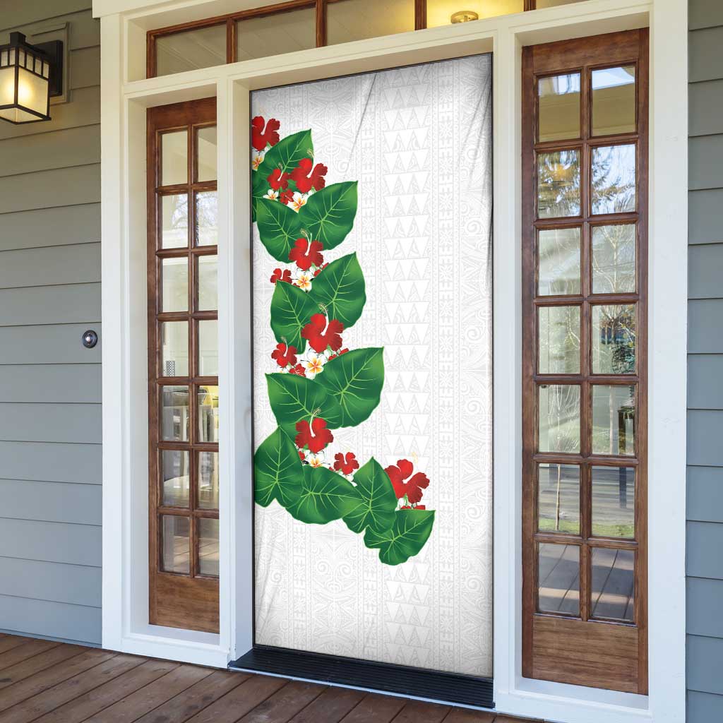 Hawaiian Taro Leaves-Hibiscus and Plumeria Door Cover Polynesian Art-Kakau Tattoo White