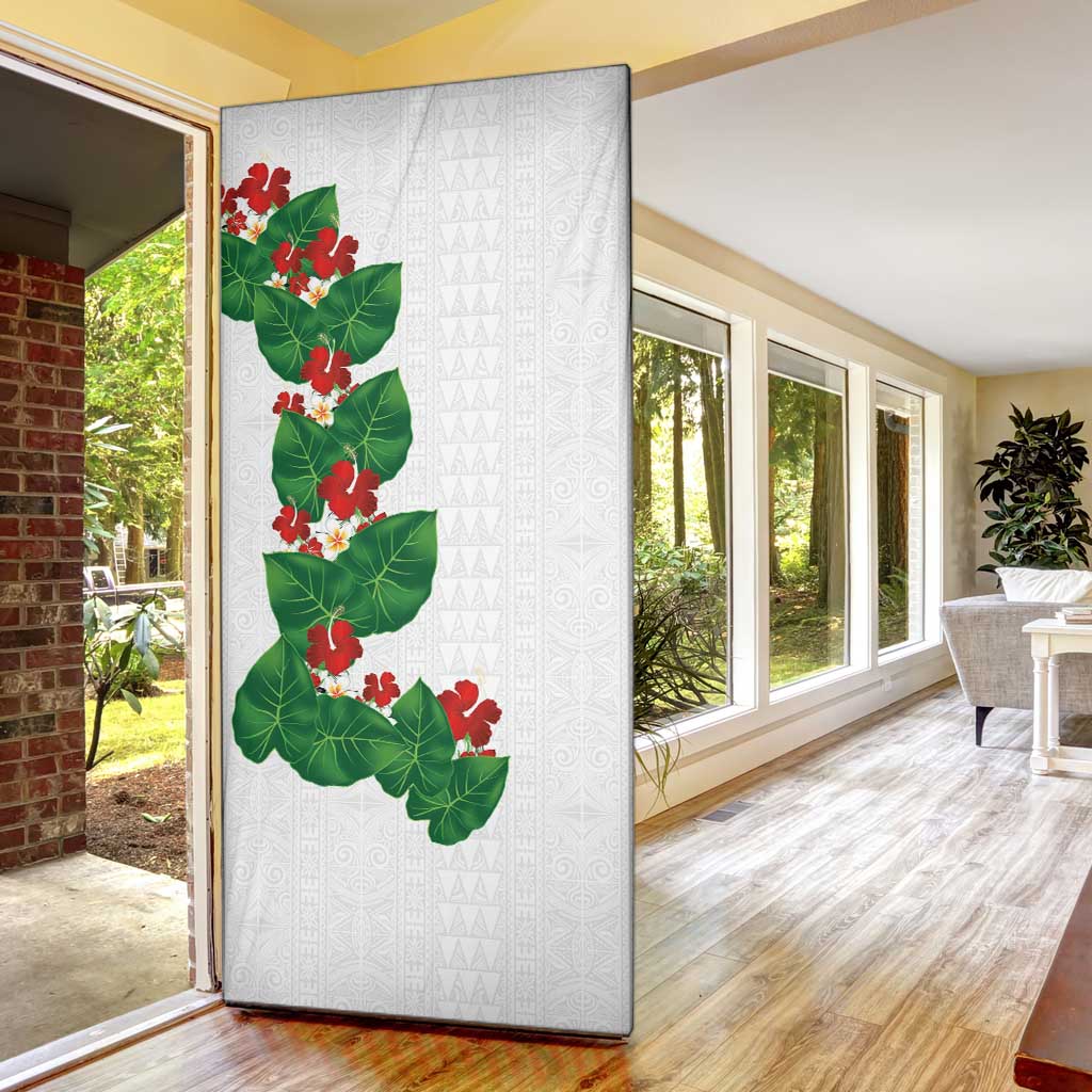 Hawaiian Taro Leaves-Hibiscus and Plumeria Door Cover Polynesian Art-Kakau Tattoo White