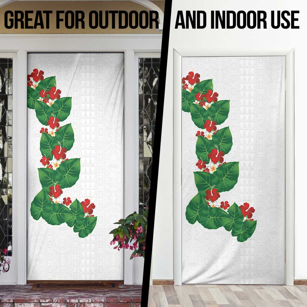 Hawaiian Taro Leaves-Hibiscus and Plumeria Door Cover Polynesian Art-Kakau Tattoo White