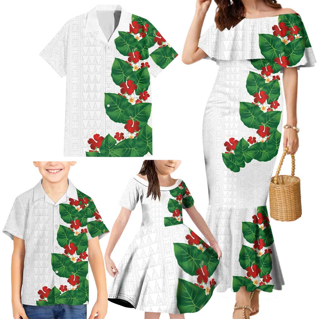 Hawaiian Taro Leaves-Hibiscus and Plumeria Family Matching Mermaid Dress and Hawaiian Shirt Polynesian Art-Kakau Tattoo White