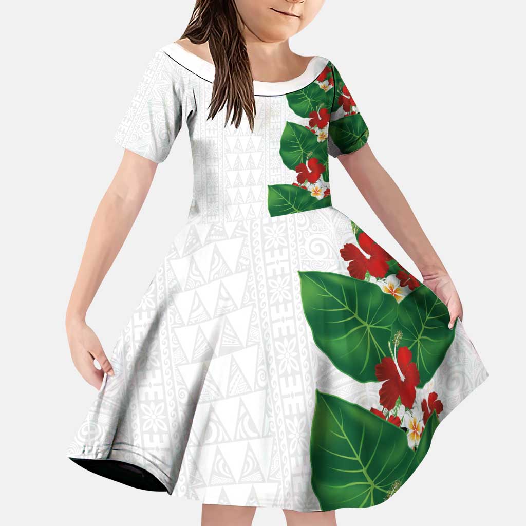 Hawaiian Taro Leaves-Hibiscus and Plumeria Family Matching Puletasi and Hawaiian Shirt Polynesian Art-Kakau Tattoo White LT03 Daughter's Dress White - Polynesian Pride