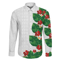 Hawaiian Taro Leaves-Hibiscus and Plumeria Family Matching Short Sleeve Bodycon Dress and Hawaiian Shirt Polynesian Art-Kakau Tattoo White LT03 Dad's Shirt - Long Sleeve White - Polynesian Pride