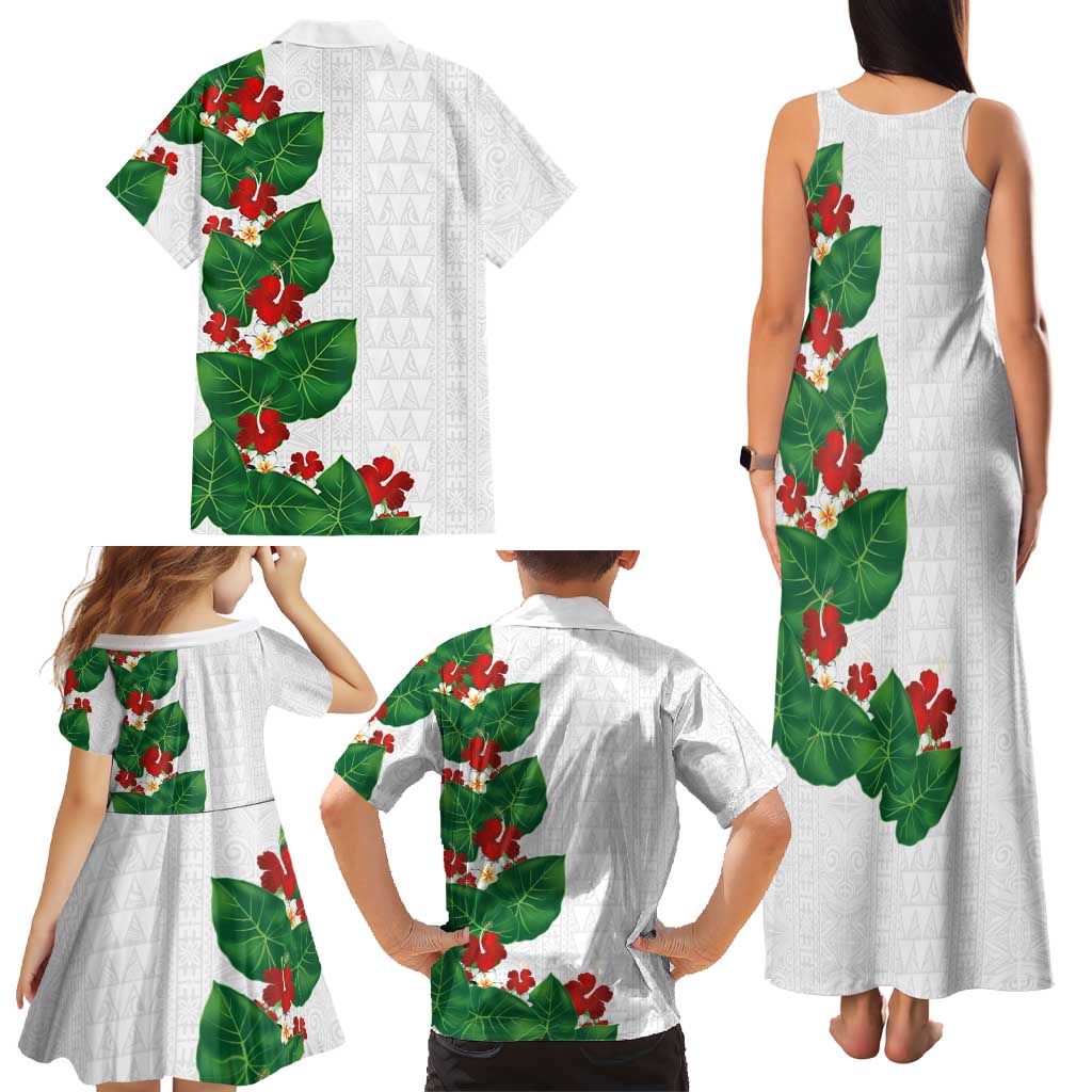 Hawaiian Taro Leaves-Hibiscus and Plumeria Family Matching Tank Maxi Dress and Hawaiian Shirt Polynesian Art-Kakau Tattoo White LT03 - Polynesian Pride