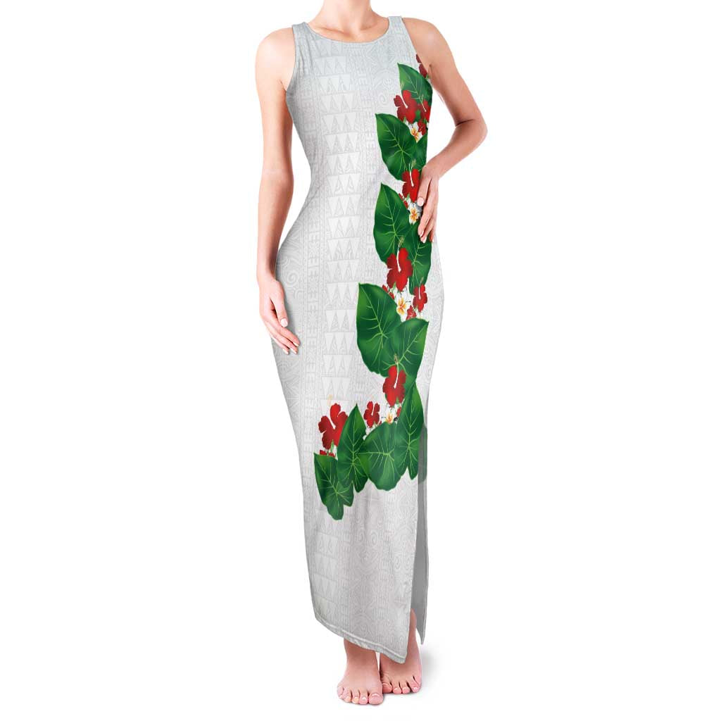 Hawaiian Taro Leaves-Hibiscus and Plumeria Family Matching Tank Maxi Dress and Hawaiian Shirt Polynesian Art-Kakau Tattoo White LT03 Mom's Dress White - Polynesian Pride