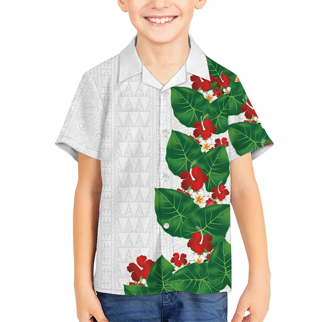 Hawaiian Taro Leaves-Hibiscus and Plumeria Family Matching Tank Maxi Dress and Hawaiian Shirt Polynesian Art-Kakau Tattoo White LT03 Son's Shirt White - Polynesian Pride