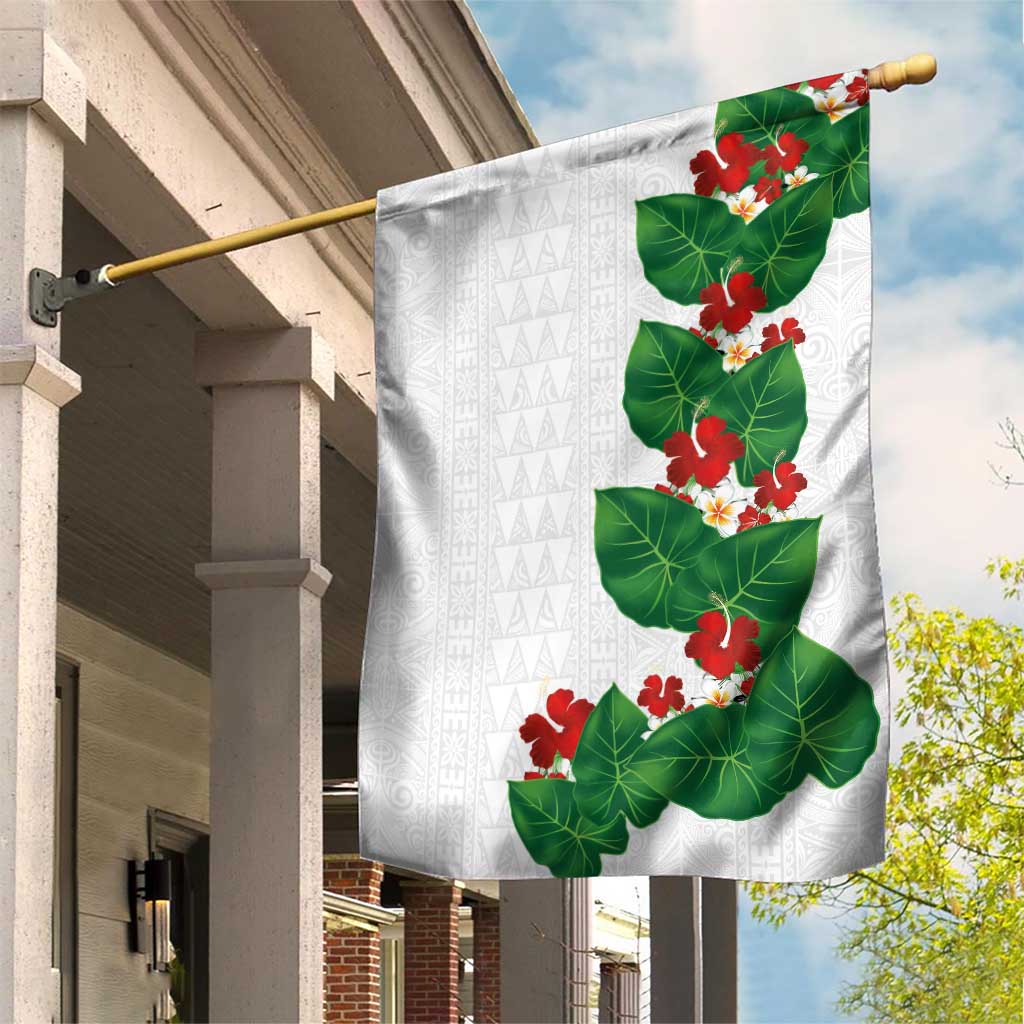 Hawaiian Taro Leaves-Hibiscus and Plumeria Garden Flag Polynesian Art-Kakau Tattoo White LT03 House Flag White - Polynesian Pride