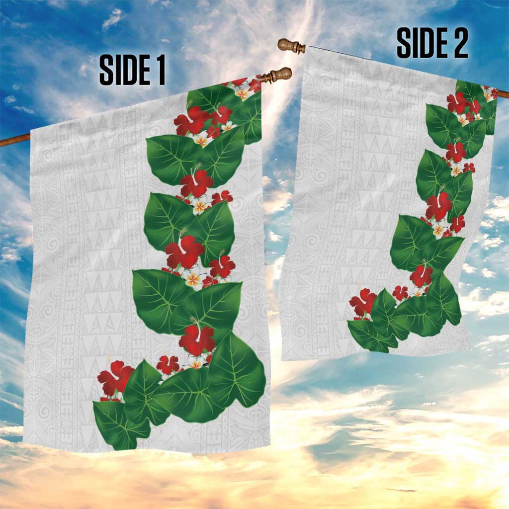 Hawaiian Taro Leaves-Hibiscus and Plumeria Garden Flag Polynesian Art-Kakau Tattoo White LT03 - Polynesian Pride