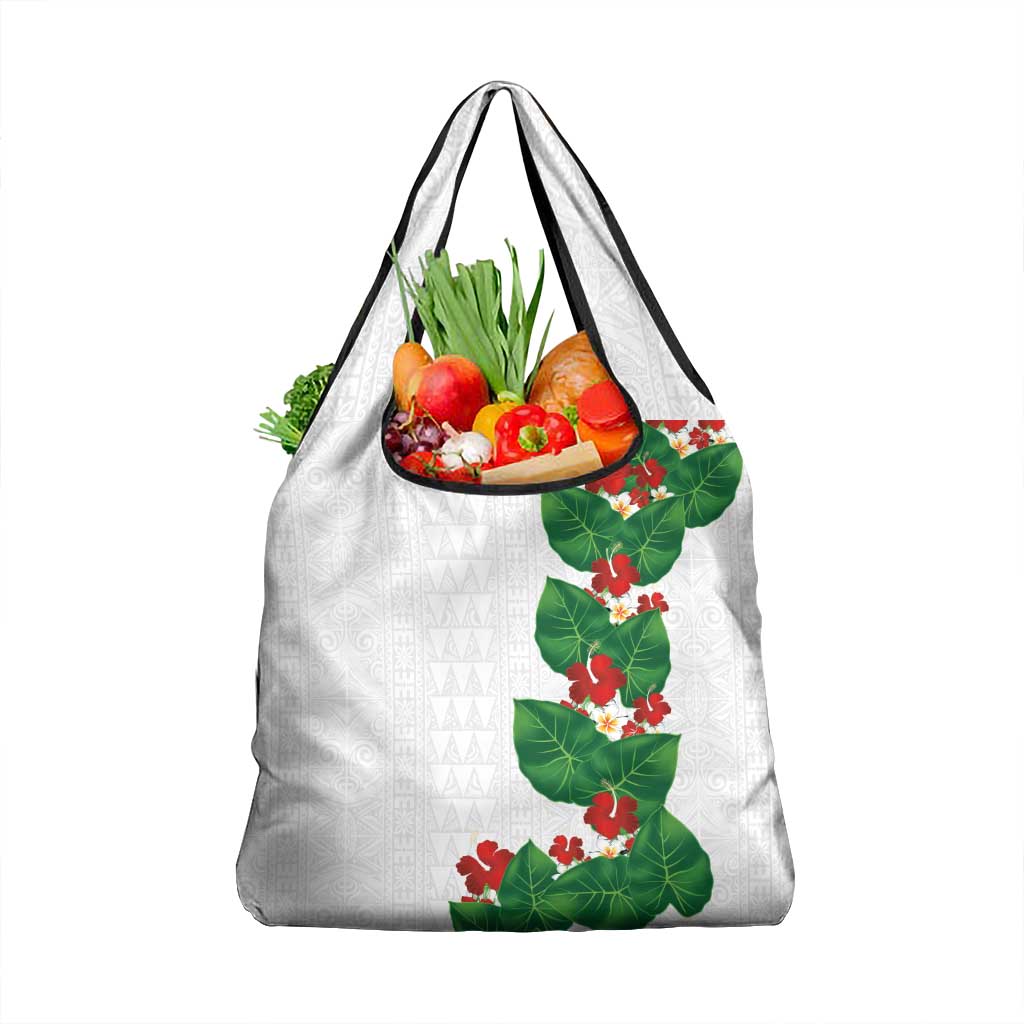 Hawaiian Taro Leaves-Hibiscus and Plumeria Grocery Bag Polynesian Art-Kakau Tattoo White LT03 1-pack One Size White - Polynesian Pride