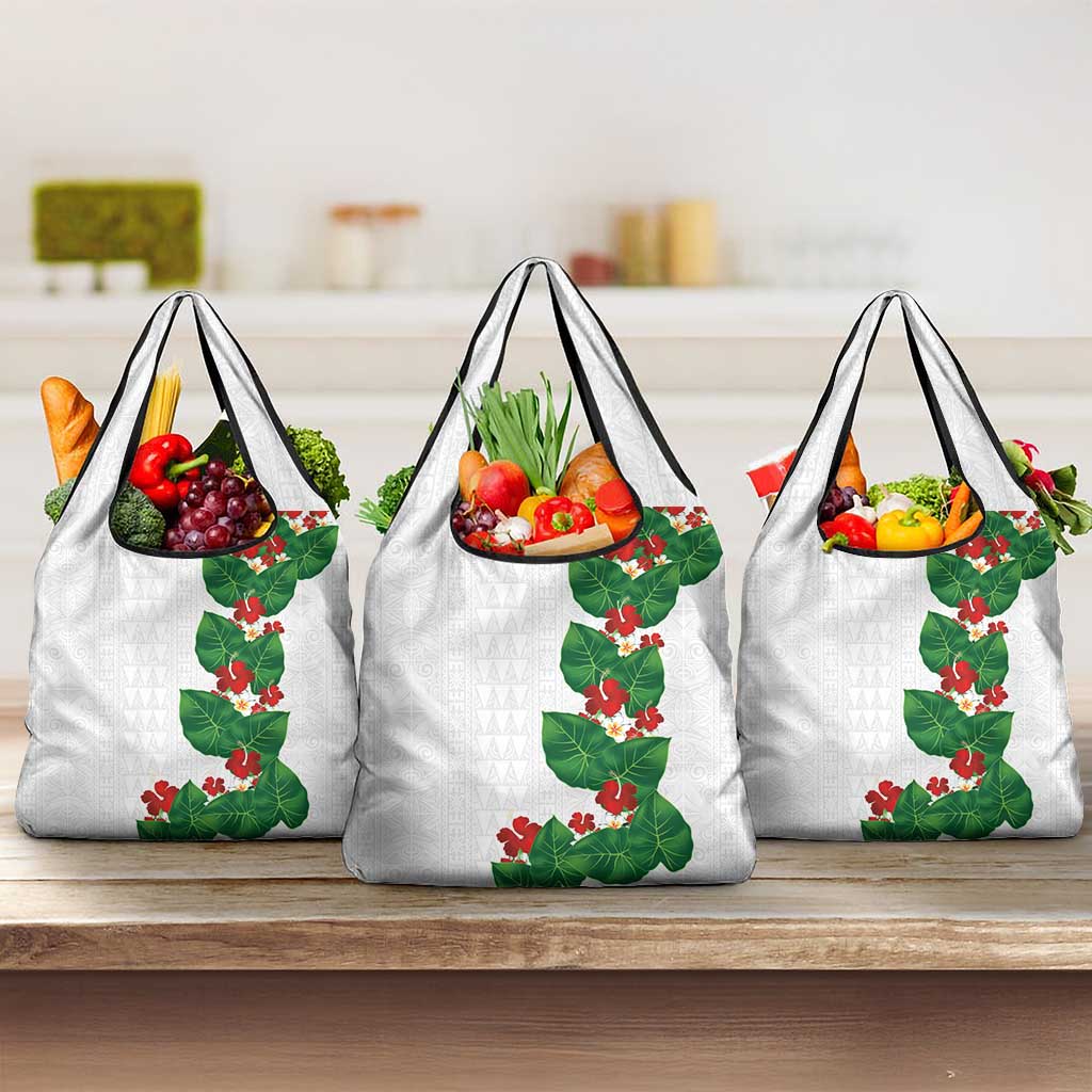 Hawaiian Taro Leaves-Hibiscus and Plumeria Grocery Bag Polynesian Art-Kakau Tattoo White LT03 3-pack One Size White - Polynesian Pride