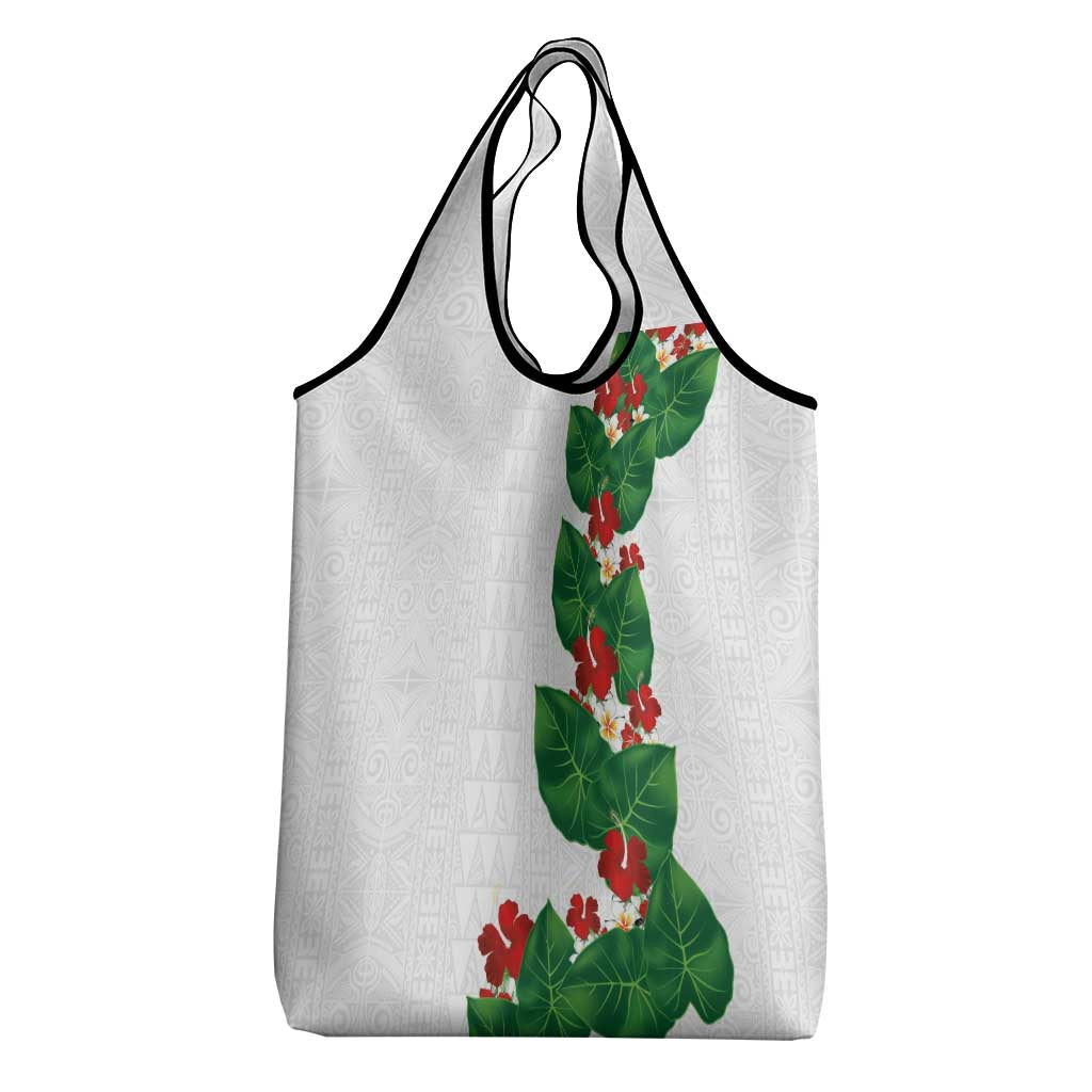 Hawaiian Taro Leaves-Hibiscus and Plumeria Grocery Bag Polynesian Art-Kakau Tattoo White LT03 - Polynesian Pride