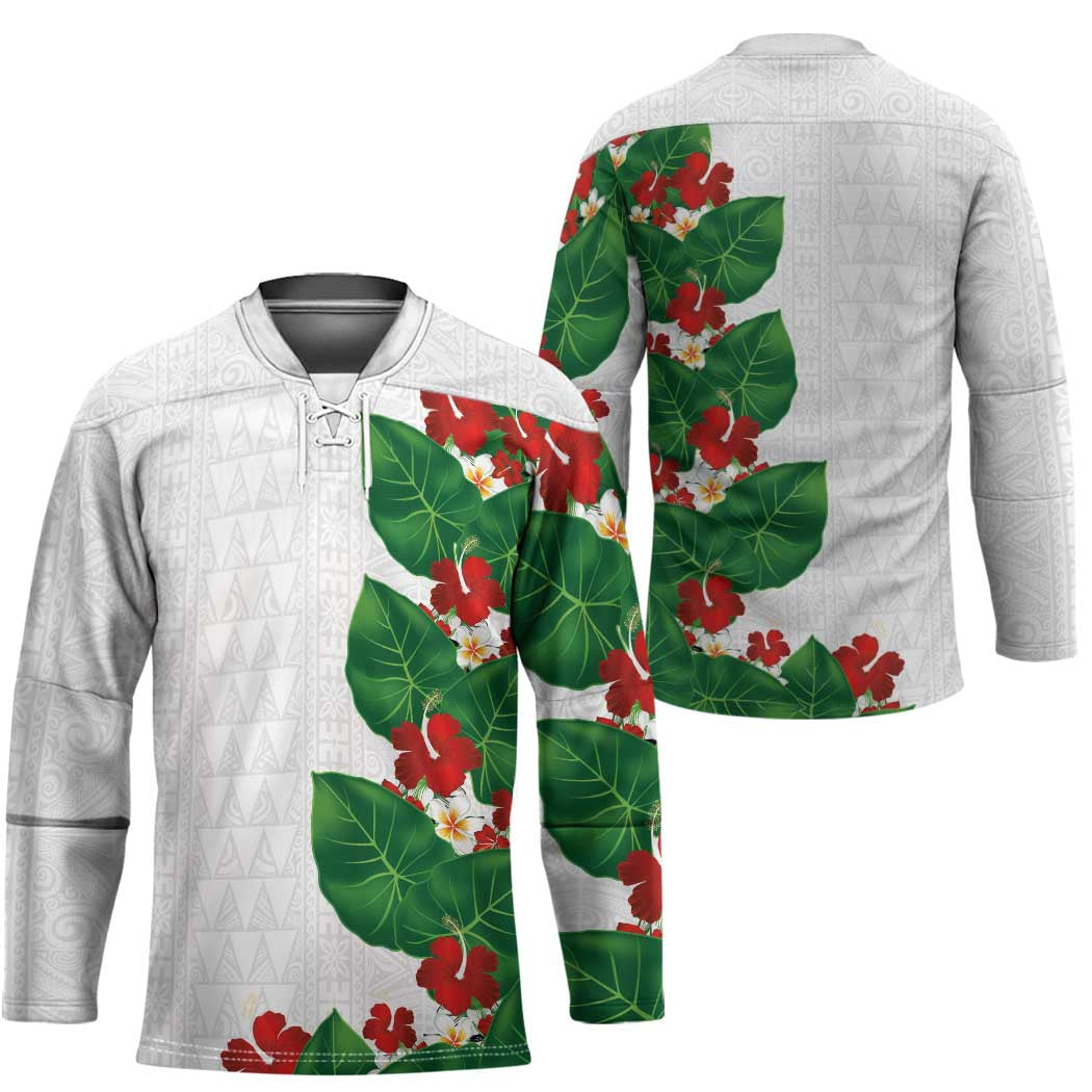 Hawaiian Taro Leaves-Hibiscus and Plumeria Hockey Jersey Polynesian Art-Kakau Tattoo White