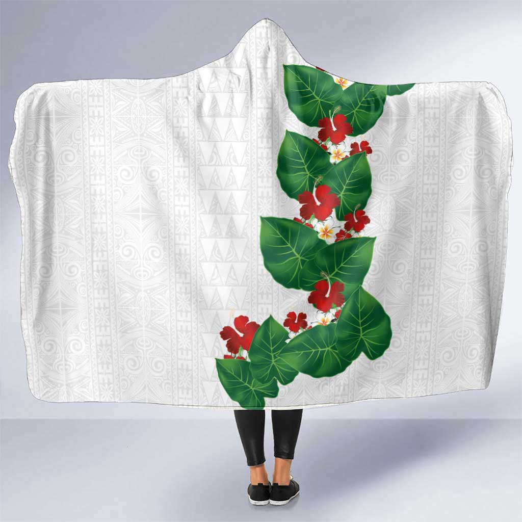 Hawaiian Taro Leaves-Hibiscus and Plumeria Hooded Blanket Polynesian Art-Kakau Tattoo White LT03 One Size White - Polynesian Pride