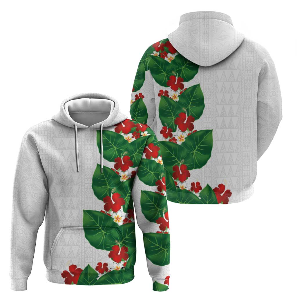 Hawaiian Taro Leaves-Hibiscus and Plumeria Hoodie Polynesian Art-Kakau Tattoo White