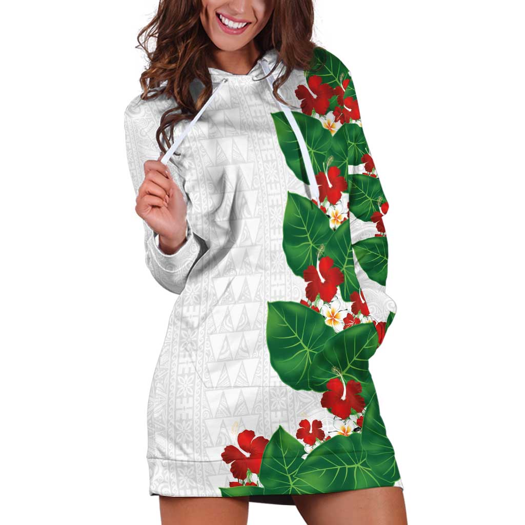 Hawaiian Taro Leaves-Hibiscus and Plumeria Hoodie Dress Polynesian Art-Kakau Tattoo White LT03 White - Polynesian Pride