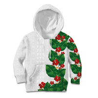 Hawaiian Taro Leaves-Hibiscus and Plumeria Kid Hoodie Polynesian Art-Kakau Tattoo White