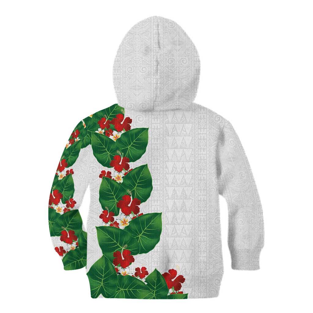 Hawaiian Taro Leaves-Hibiscus and Plumeria Kid Hoodie Polynesian Art-Kakau Tattoo White