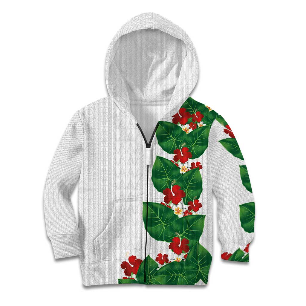 Hawaiian Taro Leaves-Hibiscus and Plumeria Kid Hoodie Polynesian Art-Kakau Tattoo White