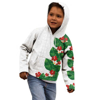 Hawaiian Taro Leaves-Hibiscus and Plumeria Kid Hoodie Polynesian Art-Kakau Tattoo White