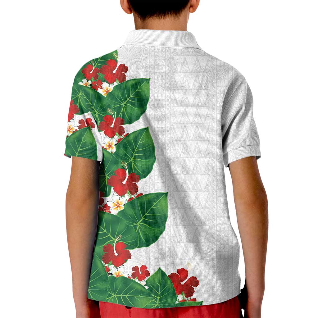 Hawaiian Taro Leaves-Hibiscus and Plumeria Kid Polo Shirt Polynesian Art-Kakau Tattoo White