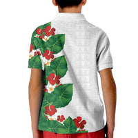 Hawaiian Taro Leaves-Hibiscus and Plumeria Kid Polo Shirt Polynesian Art-Kakau Tattoo White