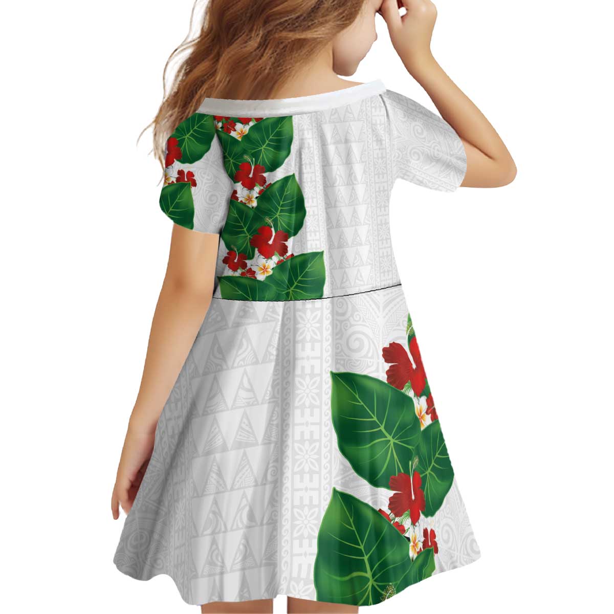 Hawaiian Taro Leaves-Hibiscus and Plumeria Kid Short Sleeve Dress Polynesian Art-Kakau Tattoo White