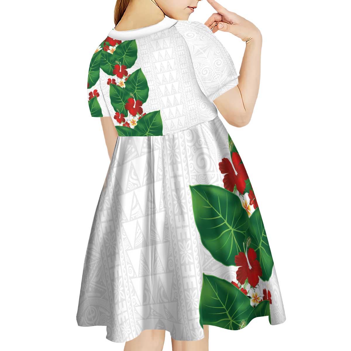 Hawaiian Taro Leaves-Hibiscus and Plumeria Kid Short Sleeve Dress Polynesian Art-Kakau Tattoo White