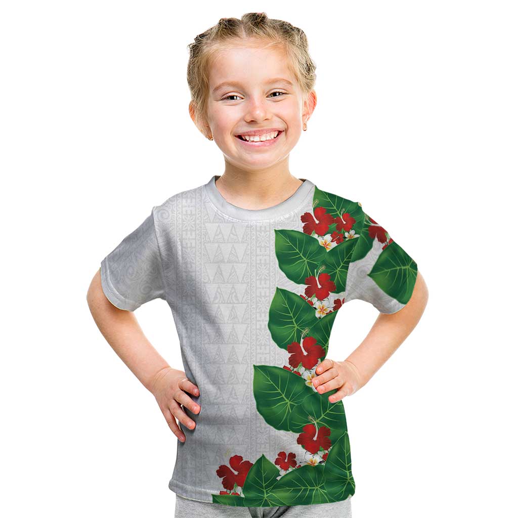 Hawaiian Taro Leaves-Hibiscus and Plumeria Kid T Shirt Polynesian Art-Kakau Tattoo White LT03 White - Polynesian Pride