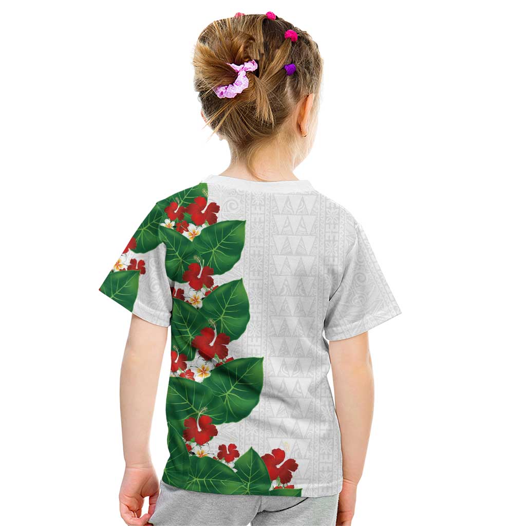 Hawaiian Taro Leaves-Hibiscus and Plumeria Kid T Shirt Polynesian Art-Kakau Tattoo White LT03 - Polynesian Pride