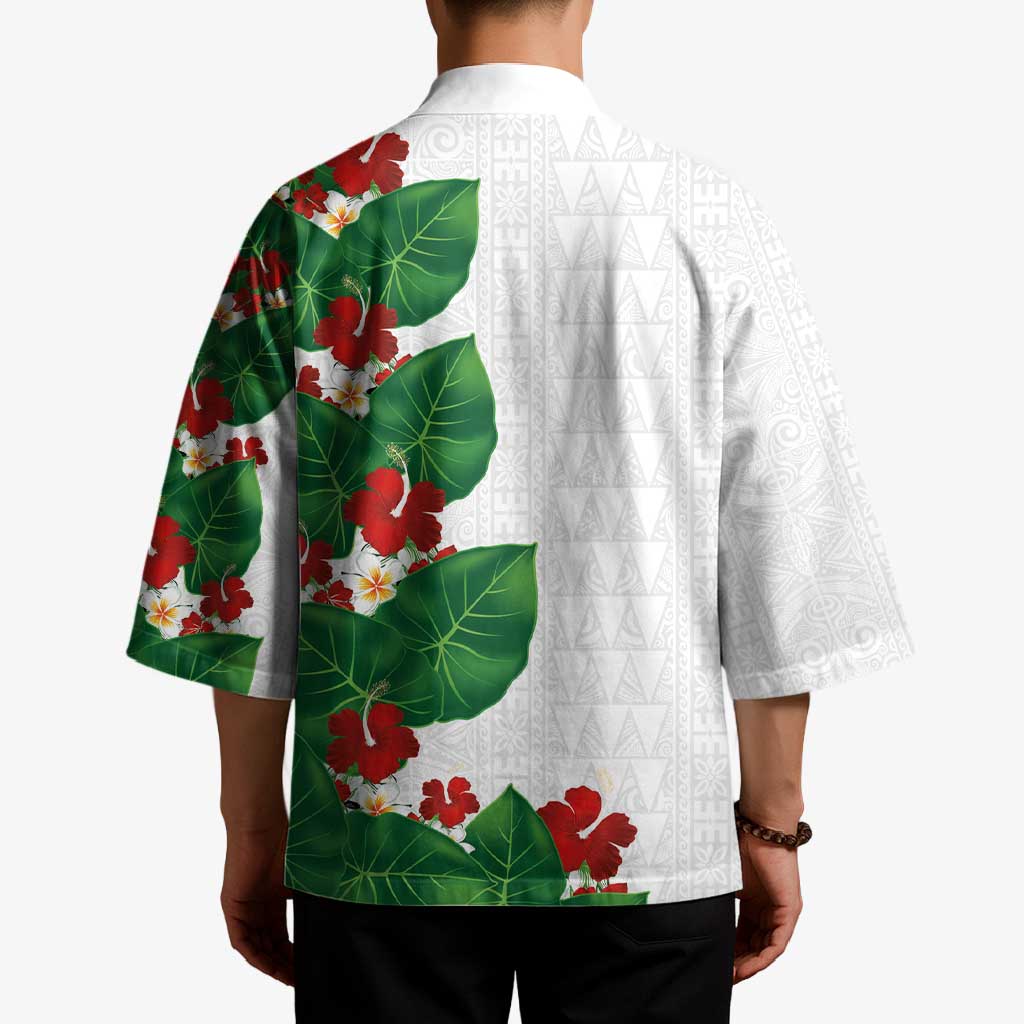 Hawaiian Taro Leaves-Hibiscus and Plumeria Kimono Polynesian Art-Kakau Tattoo White LT03 - Polynesian Pride