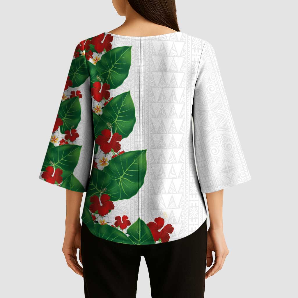 Hawaiian Taro Leaves-Hibiscus and Plumeria Kimono Sleeve Blouse Polynesian Art-Kakau Tattoo White LT03 - Polynesian Pride