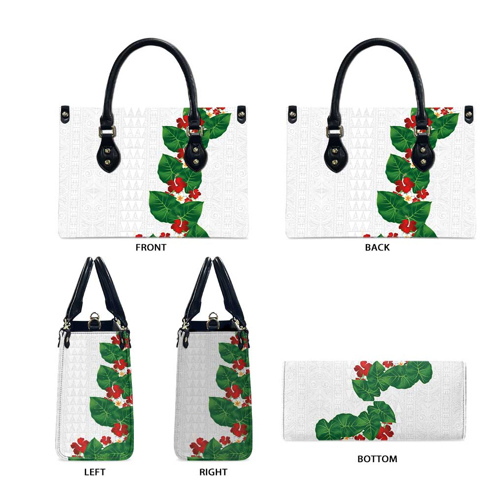 Hawaiian Taro Leaves-Hibiscus and Plumeria Leather Bag Polynesian Art-Kakau Tattoo White LT03 - Polynesian Pride
