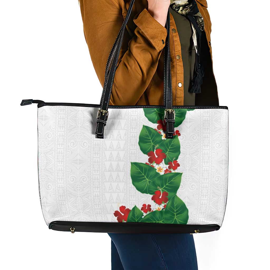 Hawaiian Taro Leaves-Hibiscus and Plumeria Leather Tote Bag Polynesian Art-Kakau Tattoo White LT03 - Polynesian Pride