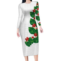 Hawaiian Taro Leaves-Hibiscus and Plumeria Long Sleeve Bodycon Dress Polynesian Art-Kakau Tattoo White