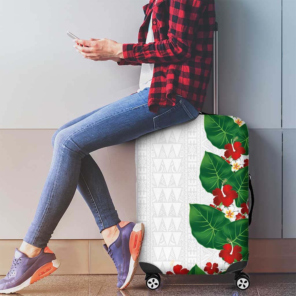 Hawaiian Taro Leaves-Hibiscus and Plumeria Luggage Cover Polynesian Art-Kakau Tattoo White