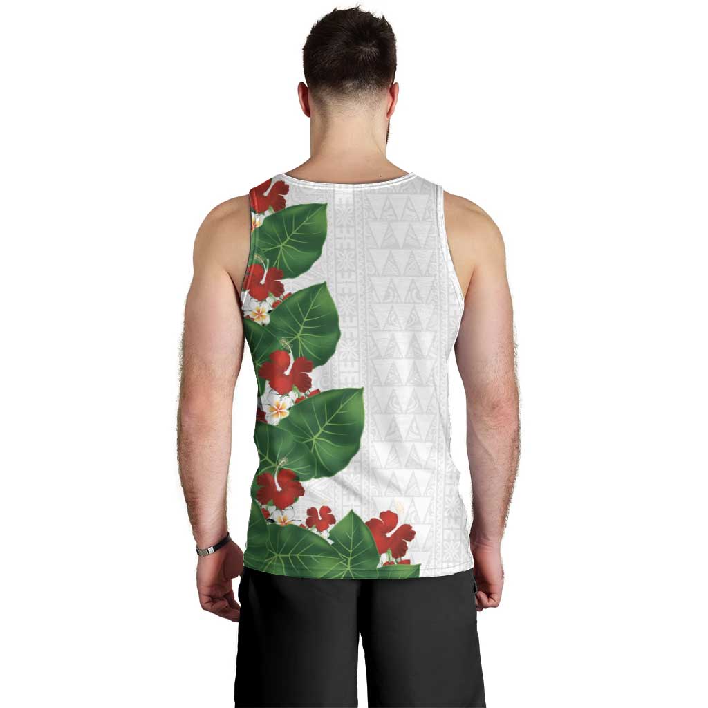 Hawaiian Taro Leaves-Hibiscus and Plumeria Men Tank Top Polynesian Art-Kakau Tattoo White LT03 - Polynesian Pride